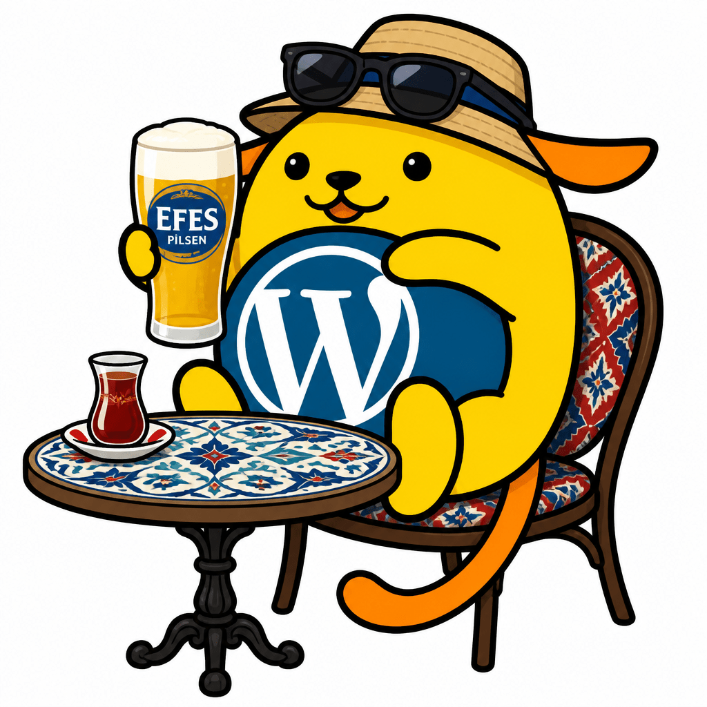 Wapuu: A cheerful Wapuu sitting at a Turkish café table, holding a cold glass of Efes Pilsen beer, summer vibes