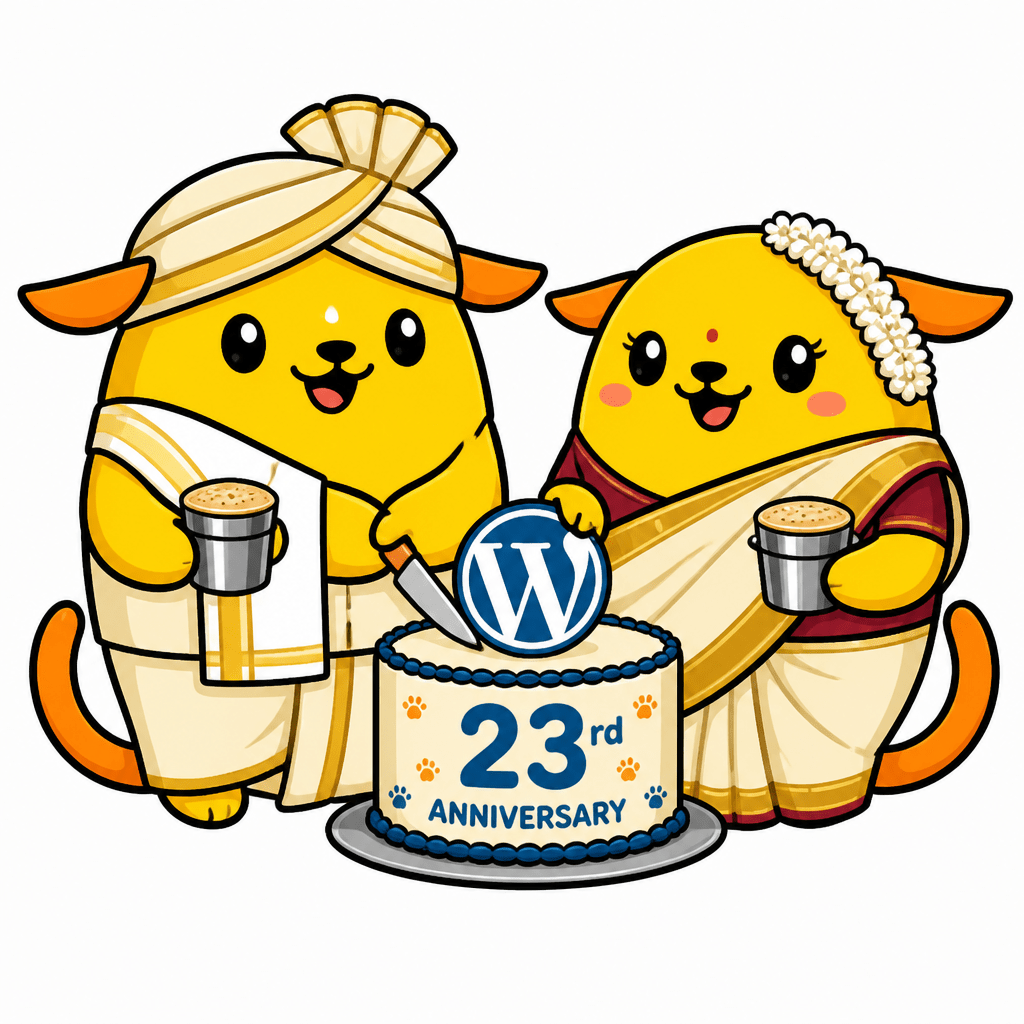 Wapuu: A couple Wapuu from Bengaluru wearing traditional attire celebrating 23rd Anniversary of WordPress with cake cutting & filter coffee in hand