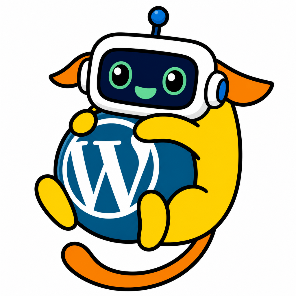 Wapuu: A cute robot mascot, square rounded-rectangle white head, large friendly green eyes, big cheerful smile, dark navy face big cheerful smile