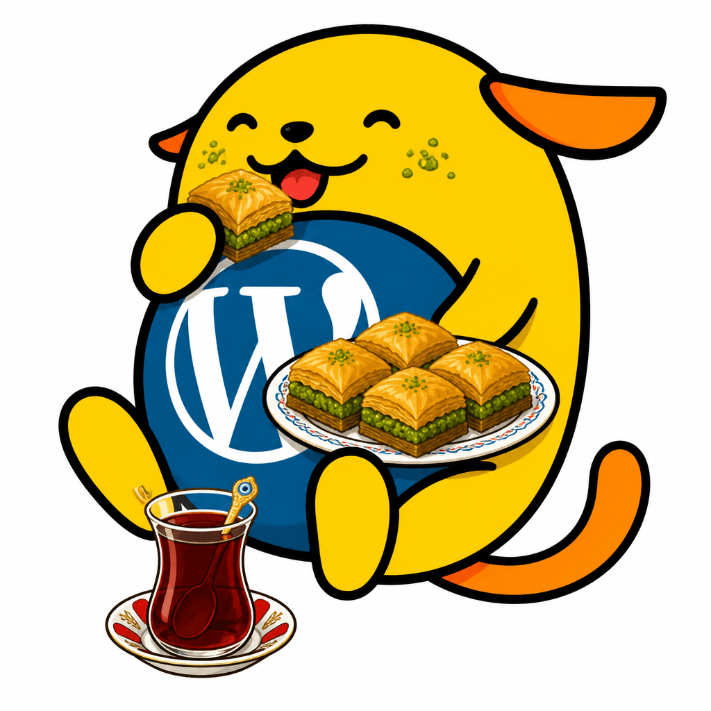 Wapuu: A happy Wapuu eating a plate of baklava with Turkish tea, pistachio crumbs on its cheeksA happy Wapuu eating a plate of baklava with Turkish