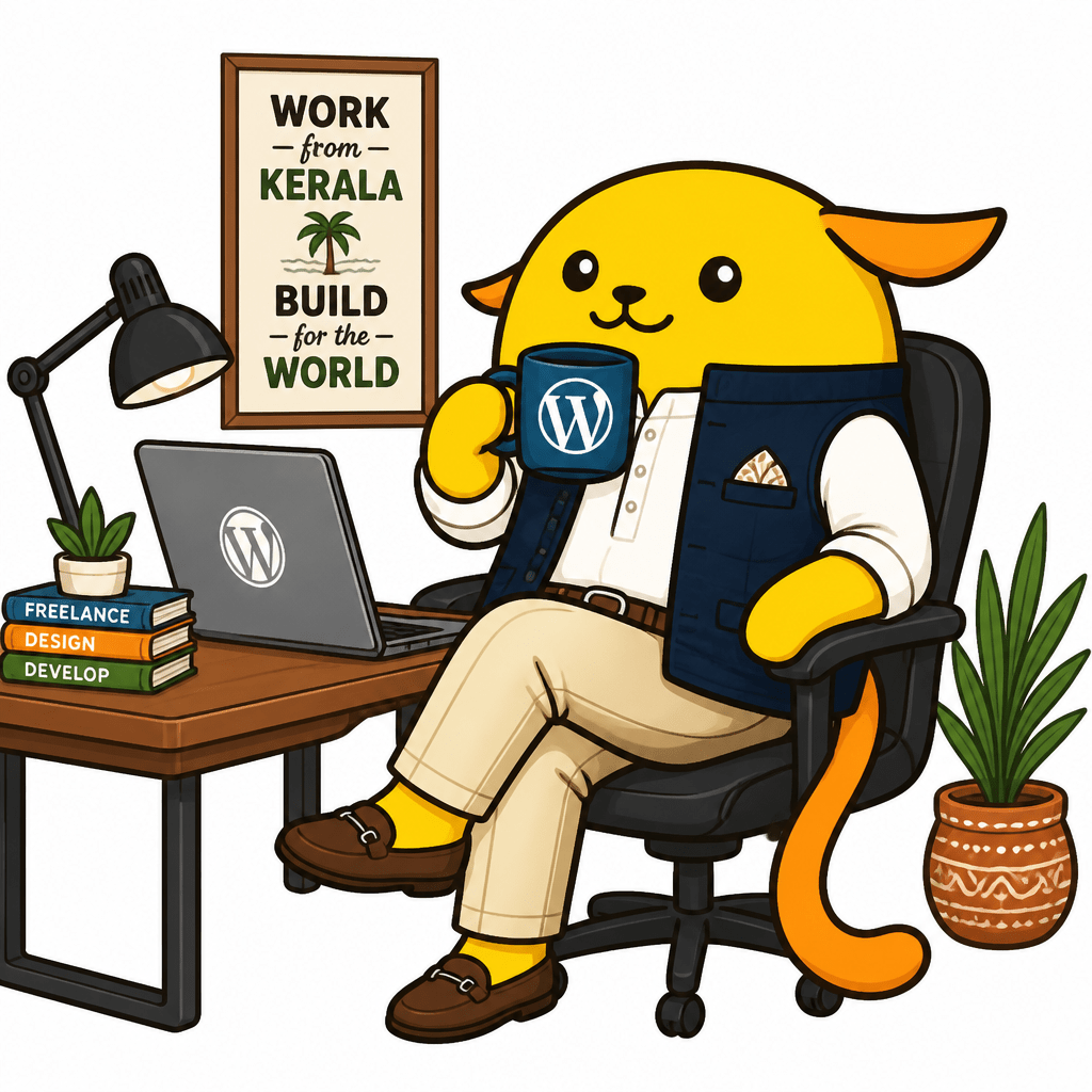 Wapuu: A Malayali freelancer-inspired Wapuu from Kerala wearing modern Indo-western founder clothing. Sitting in a stylish office with coffee