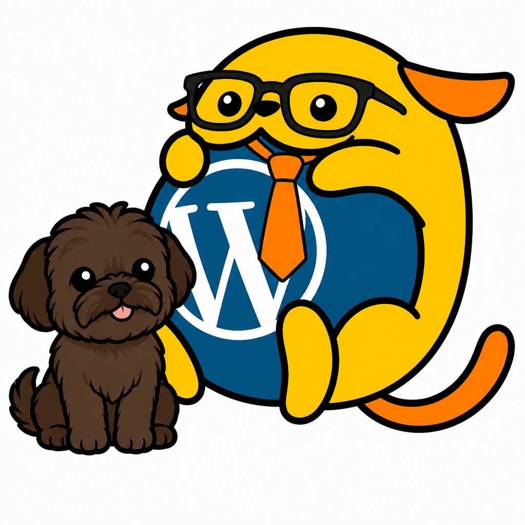 Wapuu: a slightly geeky wapuu wearing glasses and an orange tie. his pet dog, a dark brown shihtzu, is sat next to him.