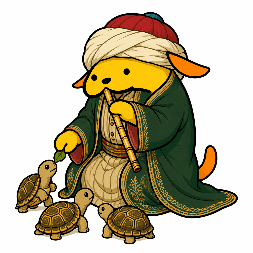 Wapuu: A Wapuu dressed as the Tortoise Trainer from Osman Hamdi Bey’s painting, with a long robe, ney flute, feeding tiny tortoises