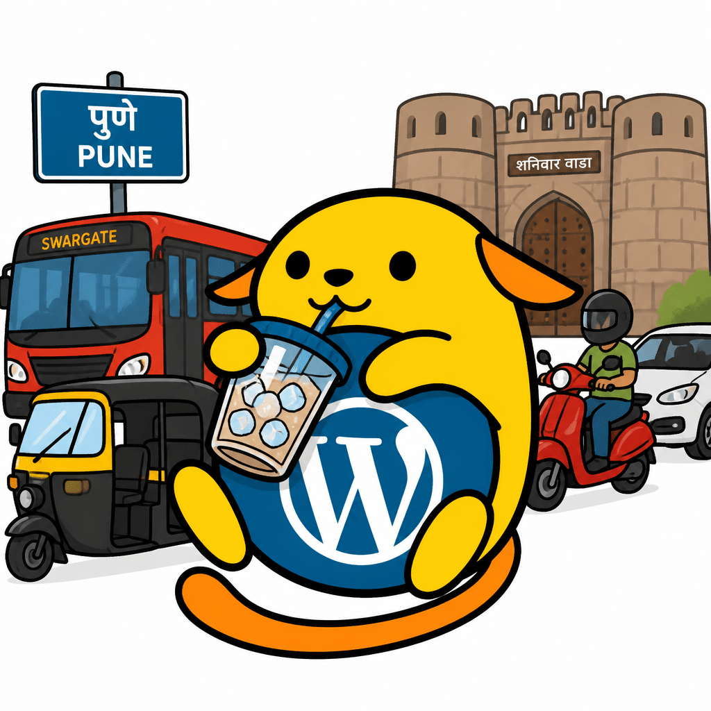 Wapuu: A wapuu on busy Pune streets, sipping a cold drink from a sipper filled with ice cubes.