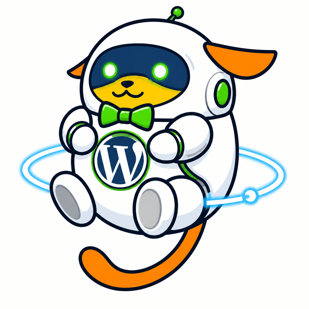 Wapuu: Adorable sci-fi robot, white body, green glowing eyes, navy visor, green bowtie, chest logo, blue circular halo, cartoon style