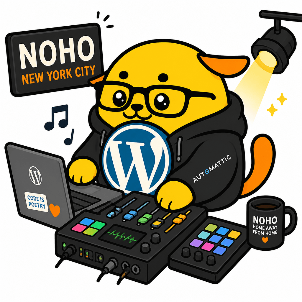 Wapuu: An helpful Wapuu nerd managing lights, music, and other digital stuff at the Noho space in New York City, Automattic's home away from home.