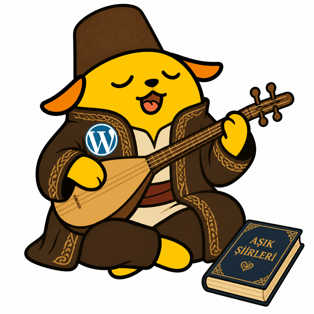 Wapuu: Aşık Wapuu in a long robe and felt hat, sitting cross-legged, playing a bağlama saz. Eyes closed, singing passionately. A poetry book beside