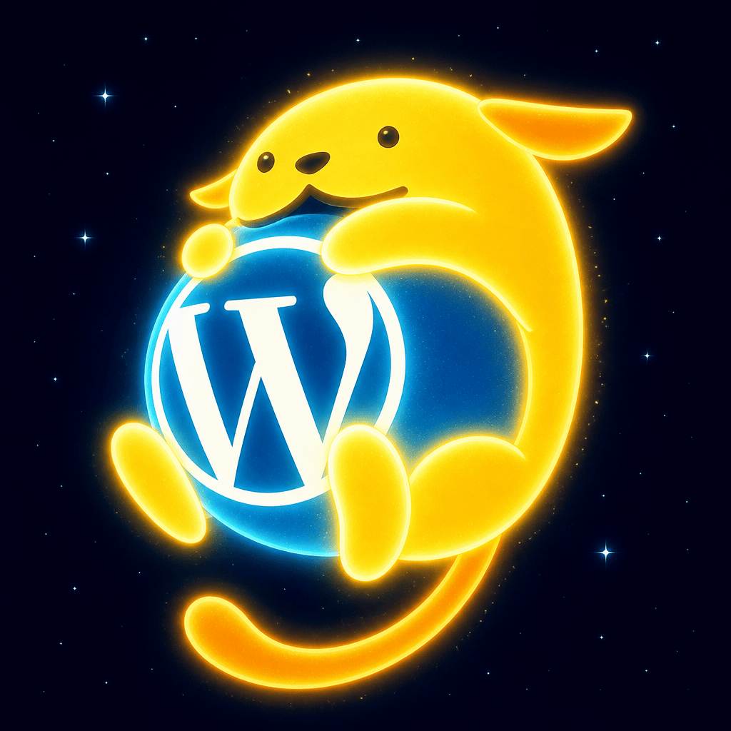 Wapuu: Classic Wapuu made of light shining with vibrant colors. The background is a dark sky at night with few stars.