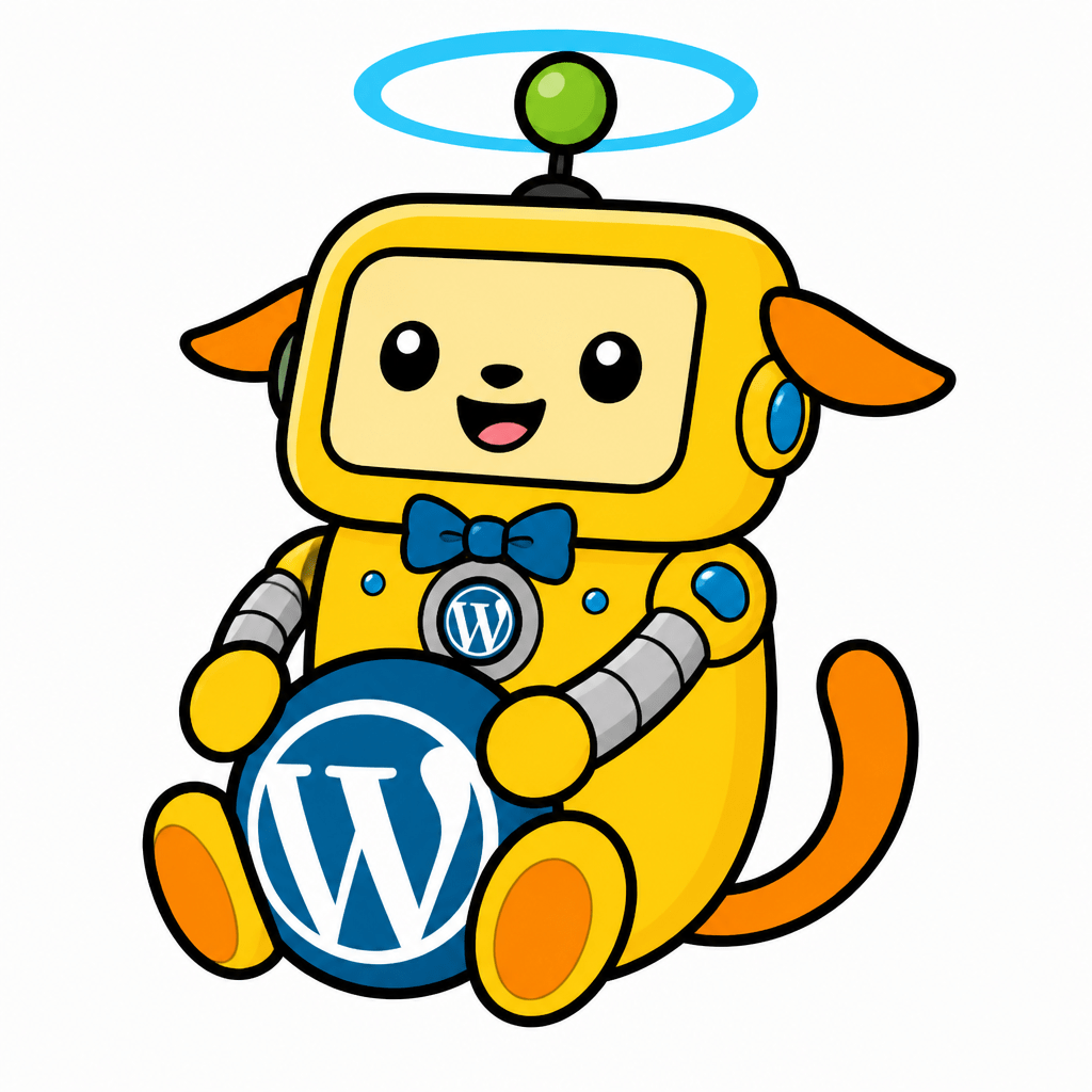Wapuu: Cute robot character, square head, green dot antenna, cheerful smile, bowtie, chest emblem, blue halo, polished mascot art