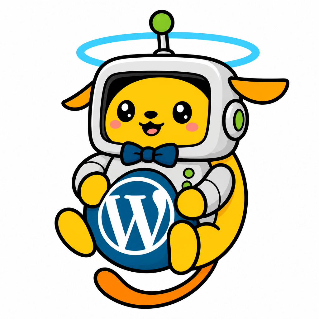 Wapuu: Cute robot character, square head, green dot antenna, cheerful smile, bowtie, chest emblem, blue halo, polished mascot art