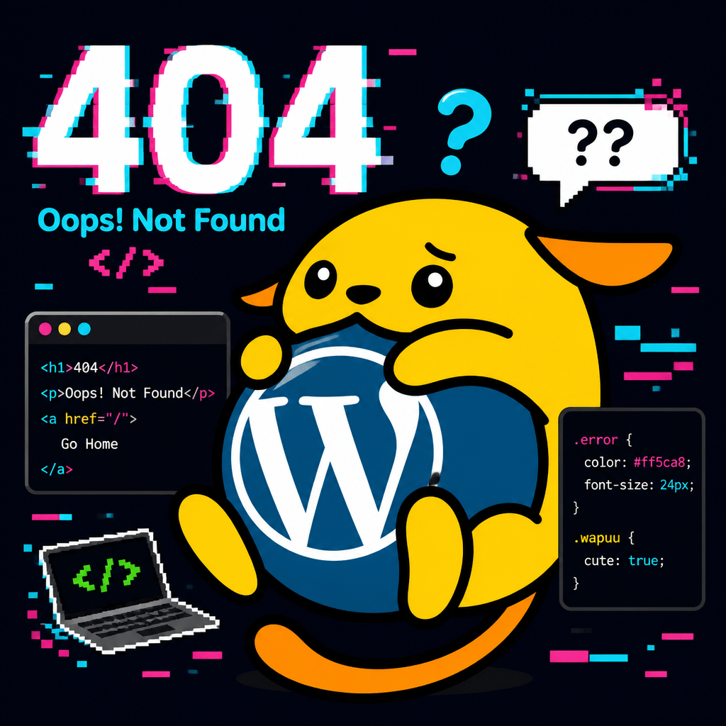 Wapuu: Cute Wapuu 404 error mascot, confused expression, WordPress developer style, glitch background, coding aesthetic, kawaii vector illustration