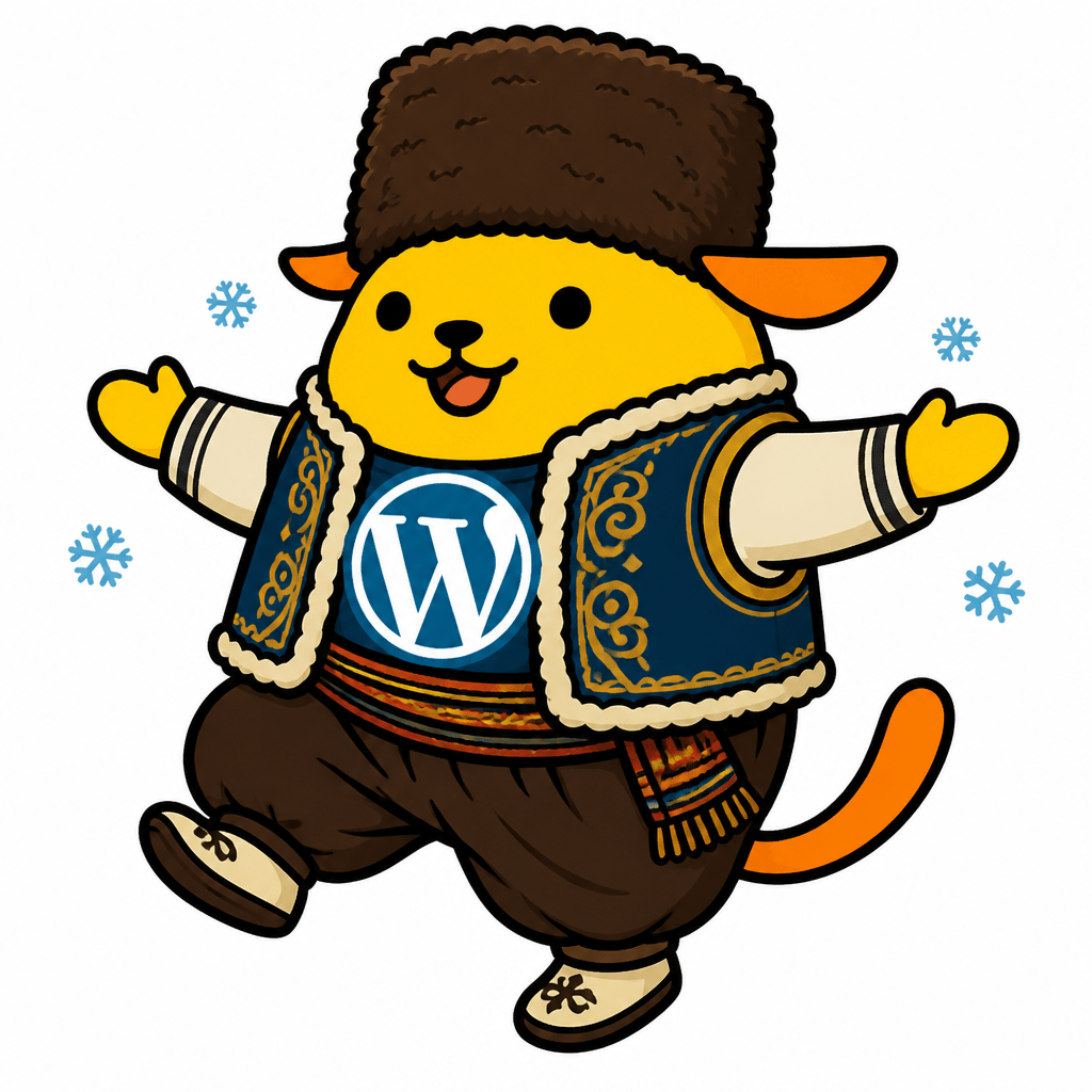 Wapuu: Dadaş Wapuu from Erzurum wearing a papak fur hat, thick wool cepken vest, and potur trousers. Doing the bar dance with arms wide open in sno
