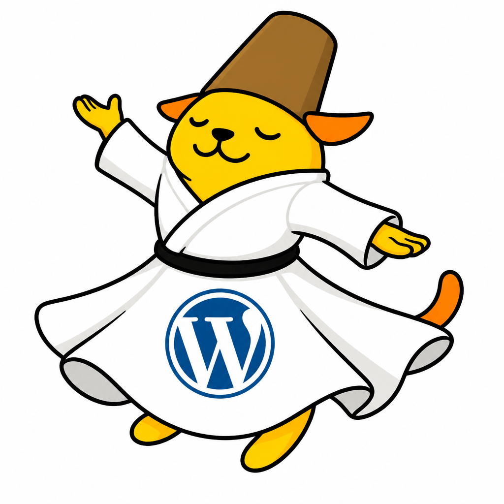 Wapuu: Dervish Wapuu in a white flowing robe and tall sikke hat, spinning with arms open in sema dance. One palm up, one down. Peaceful, mystical a