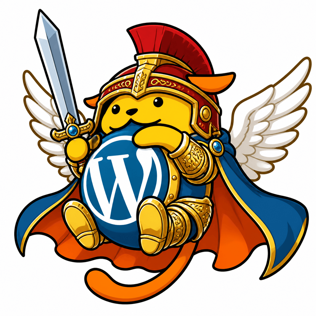 Wapuu: Golden armored Wapuu, angelic wings, scarlet helmet, silver sword, WordPress shield. Warrior archangel style. Blue & orange cape. Ibarra,EC