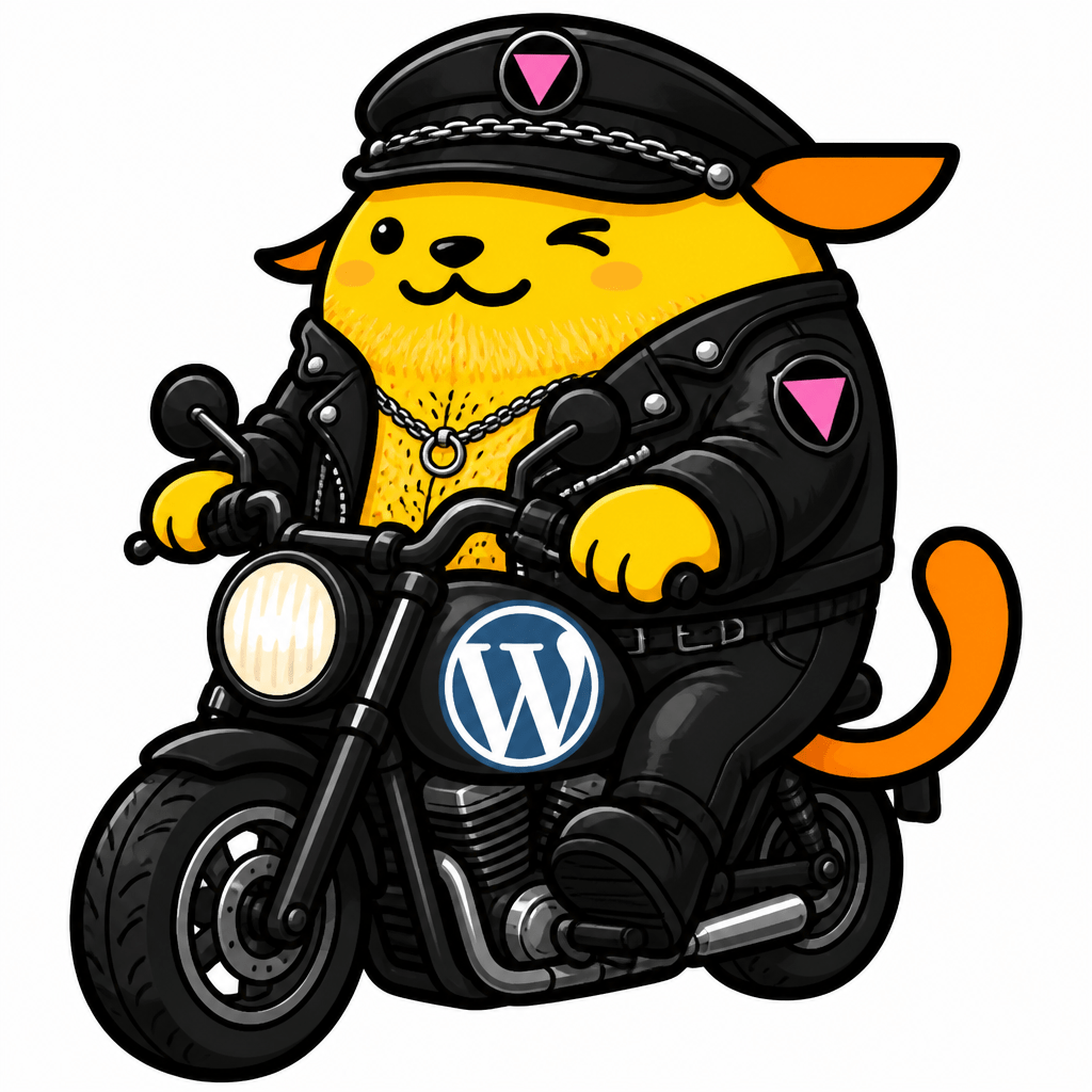 Wapuu: Handsome Butch gay wapuu. Black leather wearing, motorcycle riding, pink triangle-patch-rocking, HRT peach fuzz daddy