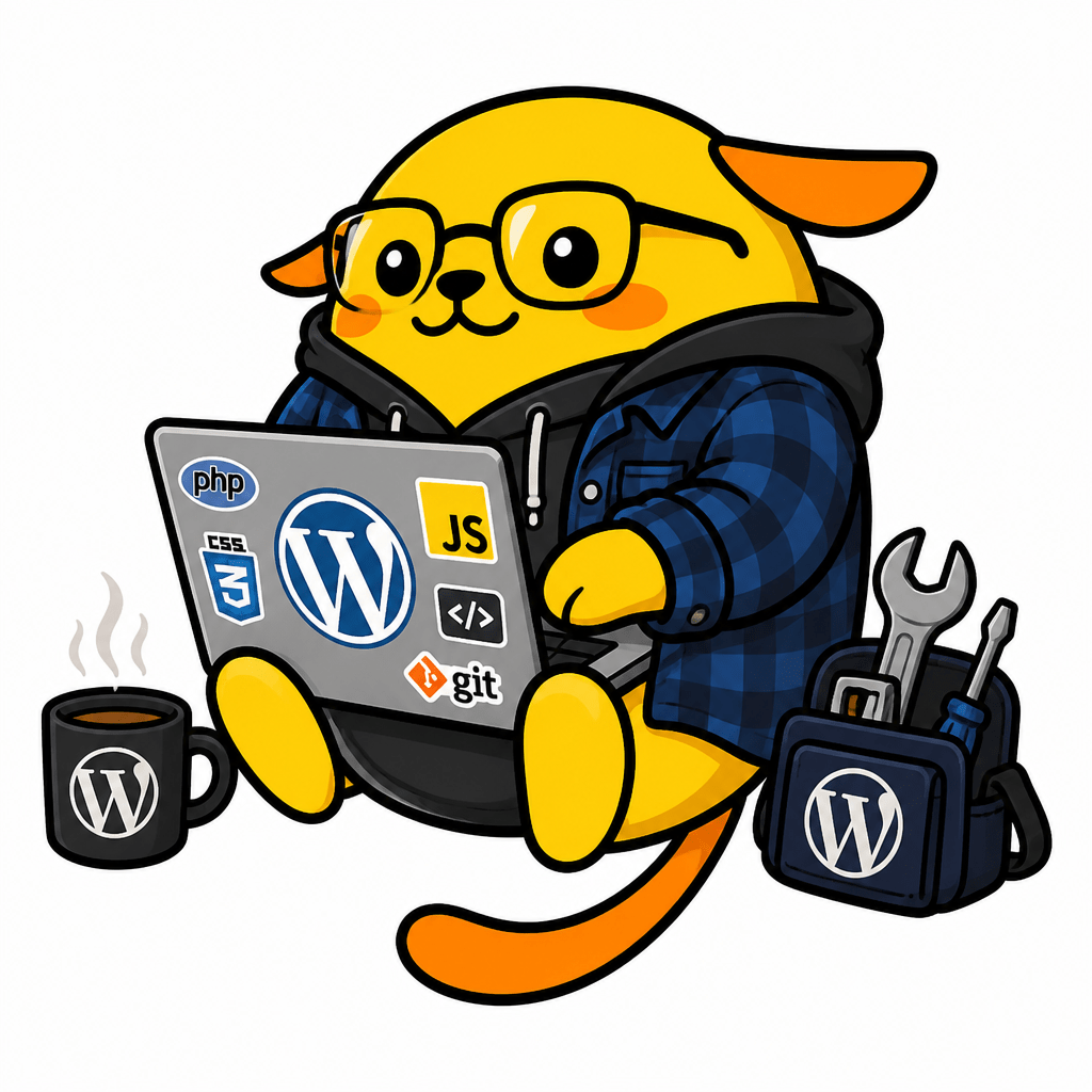 Wapuu: hoodie / overshirt casual laptop penuh sticker WordPress kopi kadang bawa wrench/toolkit digital dan beri unsur demak pakai kaca mata
