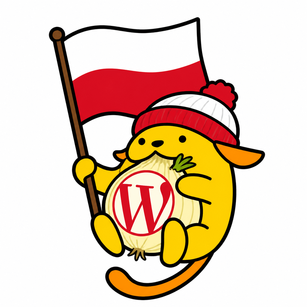 Wapuu: Polish Wapuu holding onion with W, holding huge Polish flag and wearing polish beanie