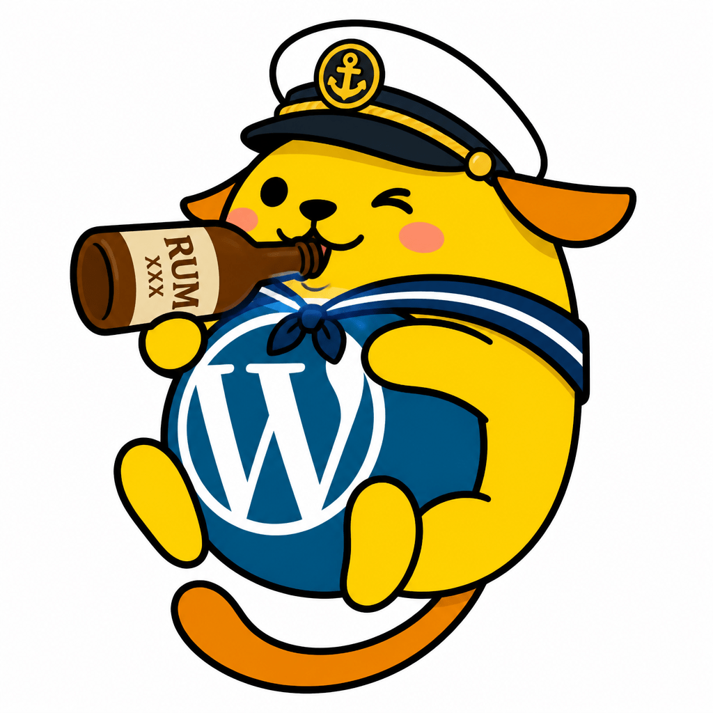 Wapuu: sailor wapuu, wearing a captain's hat and drinking a bottle of rum