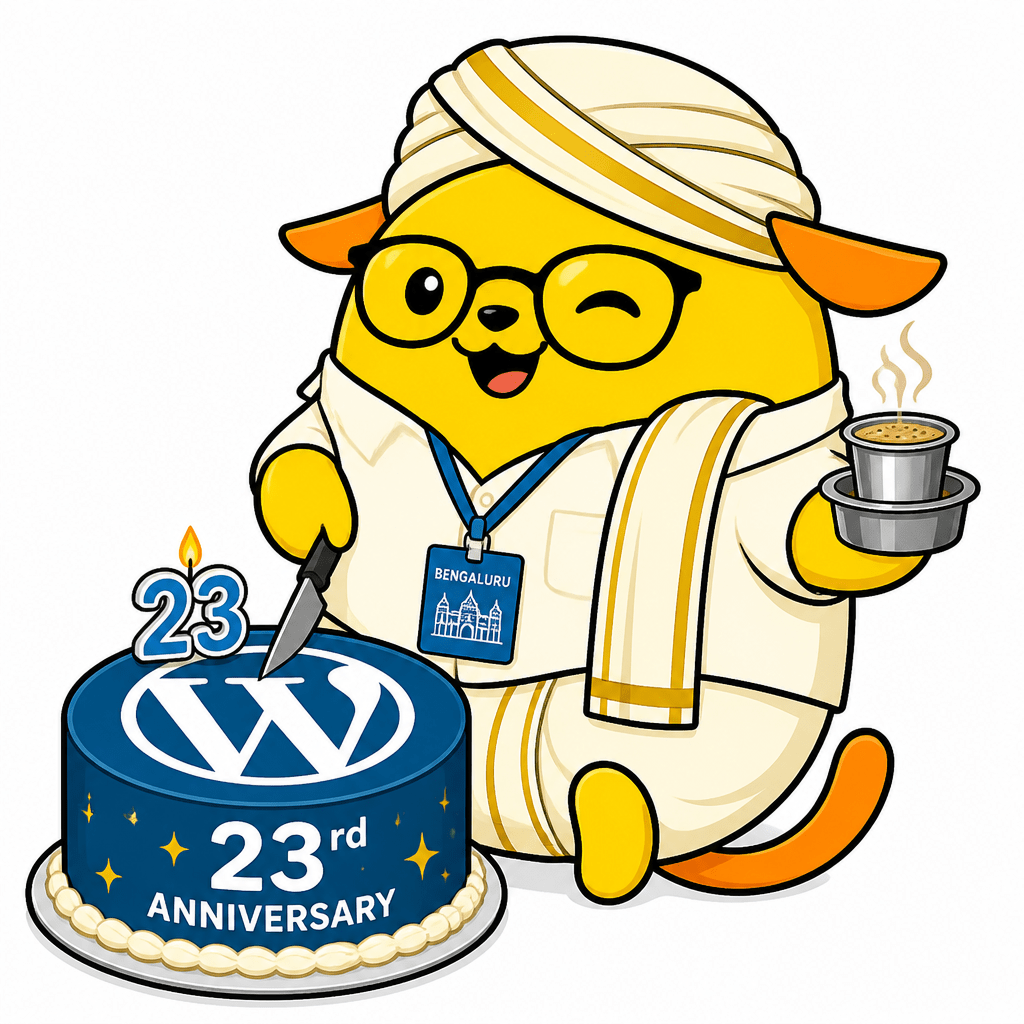 Wapuu: Techie Wapuu from Bengaluru wearing traditional attire celebrating 23rd Anniversary of WordPress with cake cutting & filter coffee in hand