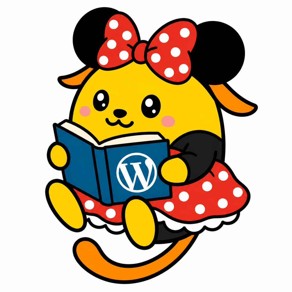 Wapuu: Un wapuu de Minie Mouse, con un libro en la mano