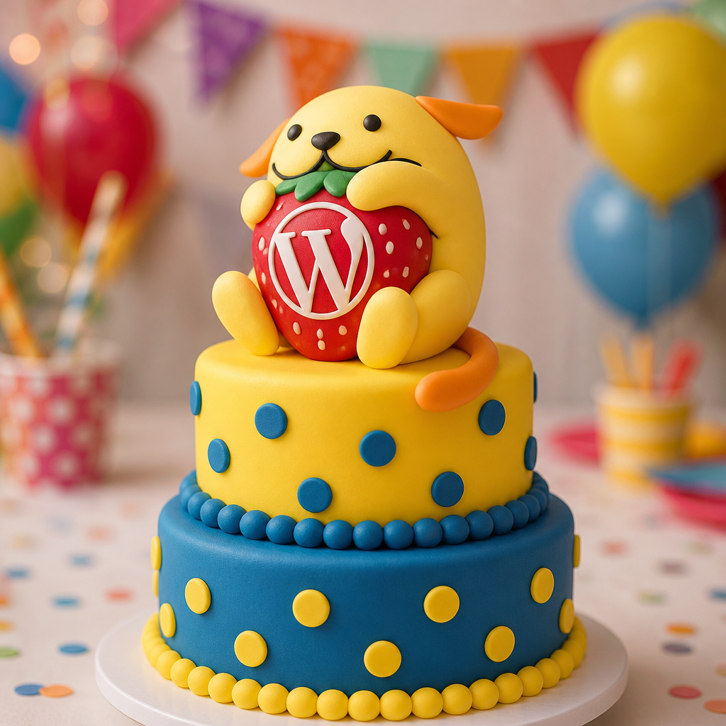 Wapuu: Wapuu as a cake topper made of edible sugar holding a strawberry with W logo. Sits on top of a yellow and blue two-tier cake. Background is a photo realistic out of focus children's birthday party.
