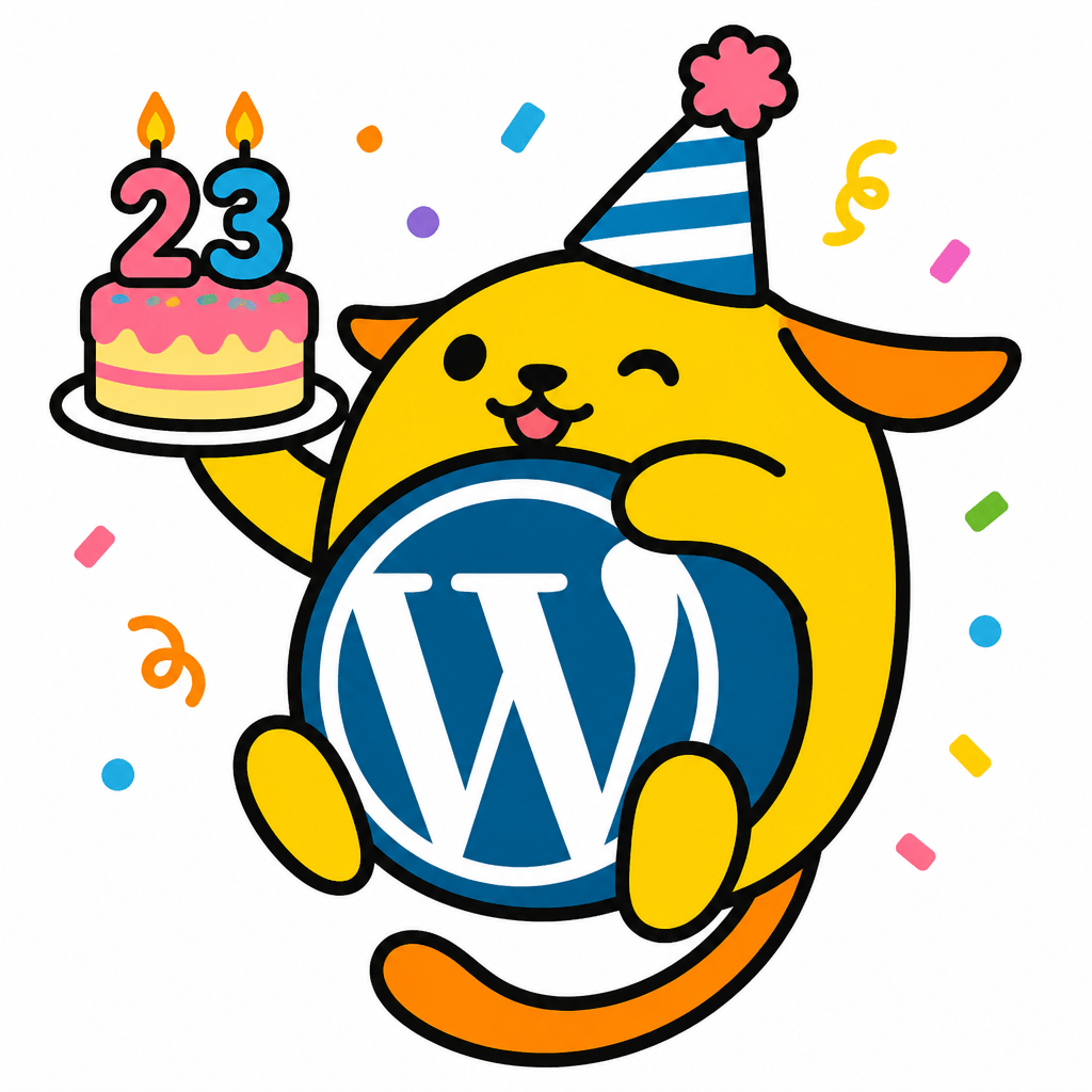 Wapuu: Wapuu celebrating WordPress' 23rd birthday