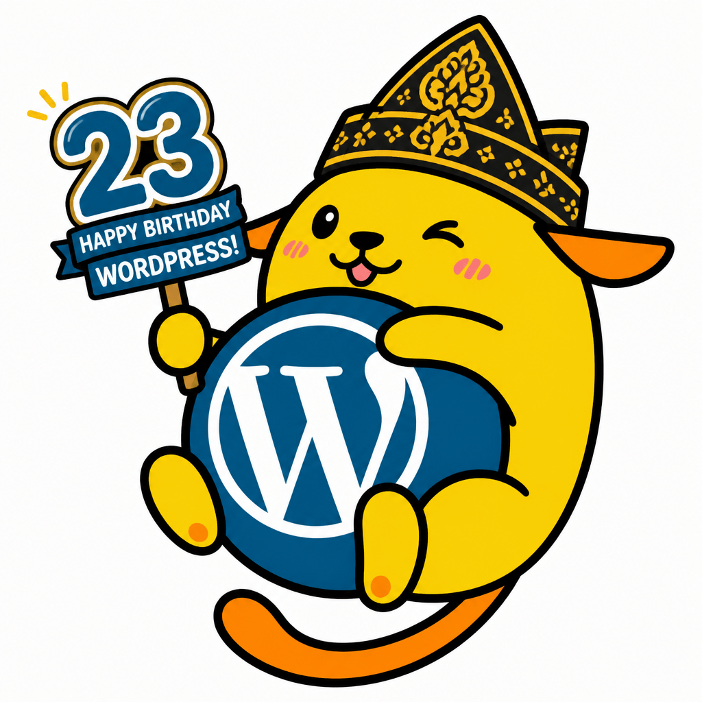 Wapuu: Wapuu celebrating WordPress' 23rd birthday khas demak