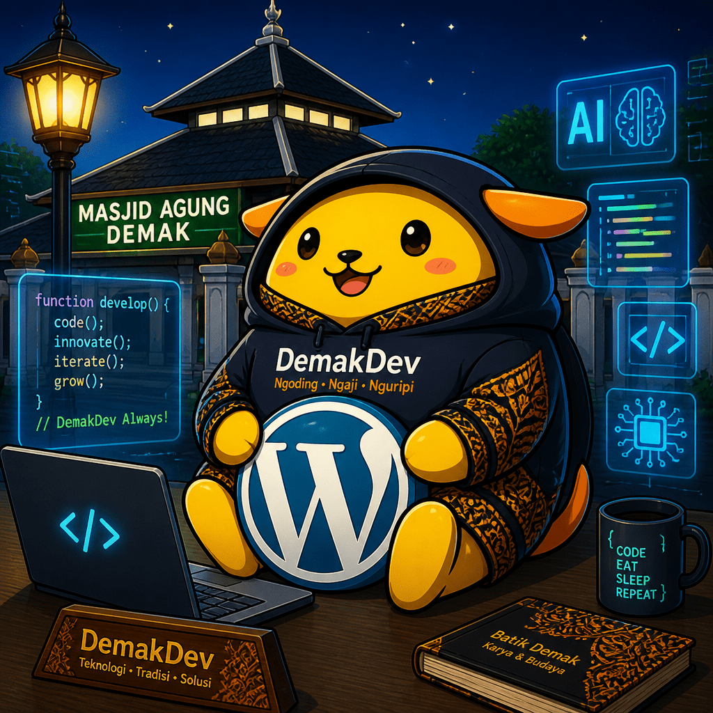 Wapuu: Wapuu DemakDev memakai hoodie programmer dan batik Demak dengan background Masjid Agung Demak, nuansa teknologi modern, AI dan coding