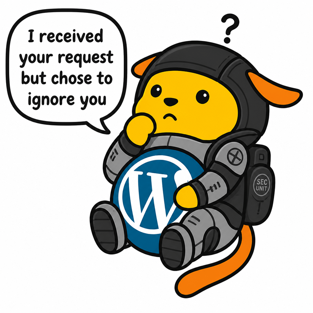 Wapuu: Wapuu dressed similarly to the Apple TV Murderbot character in a quizzical pose, saying, “I received your request but chose to ignore you".