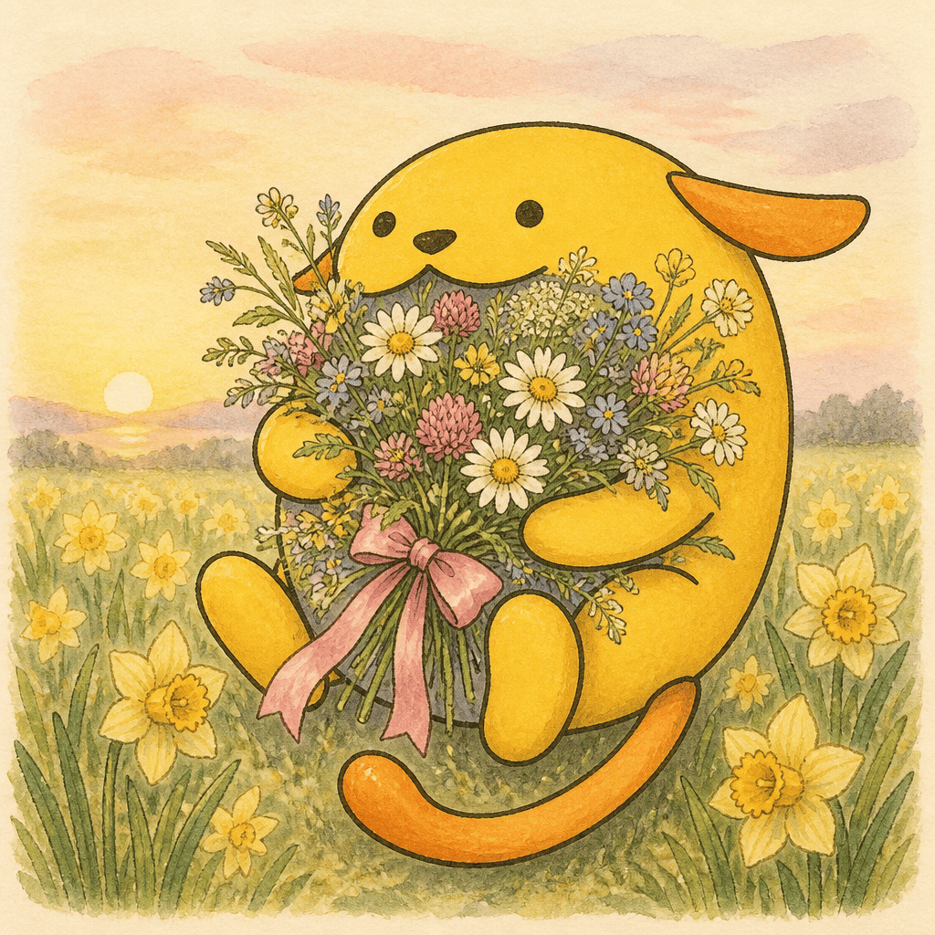 Wapuu: Wapuu holding a large bouquet of wildflowers of various types tied with pink ribbon. The background is a field of daffodils at dawn. In the style of a vintage storybook illustration by beatrix potter.