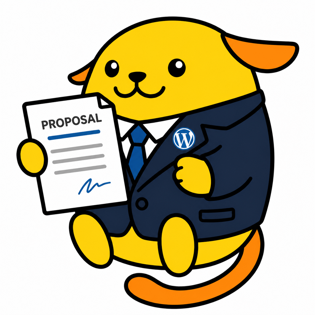 Wapuu: Wapuu in a blazer holding a proposal doc, confident smile, WordPress logo pin on the lapel. Ready to close a deal.