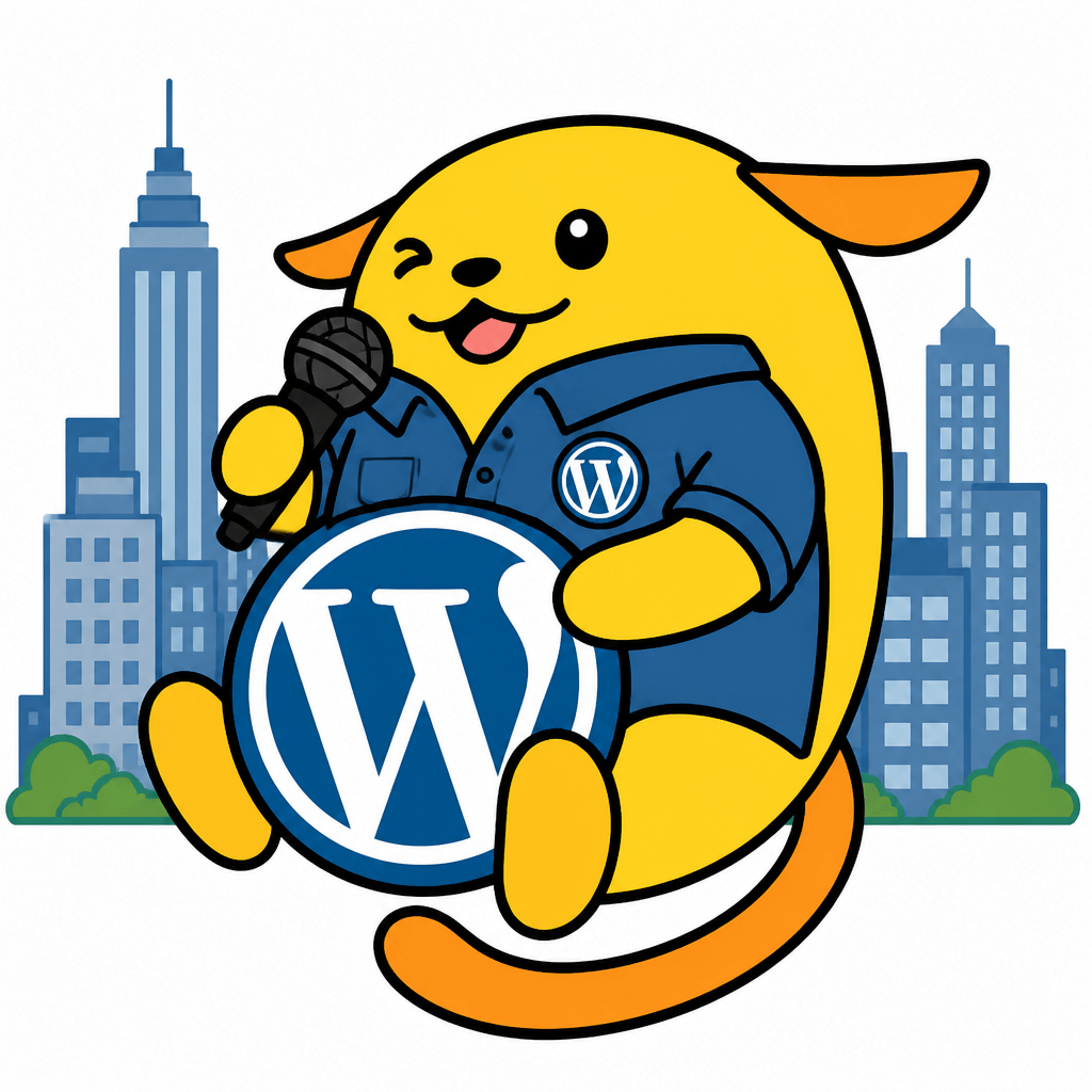 Wapuu: Wapuu in a casual shirt, city skyline behind, WordPress badge on, holding a mic.