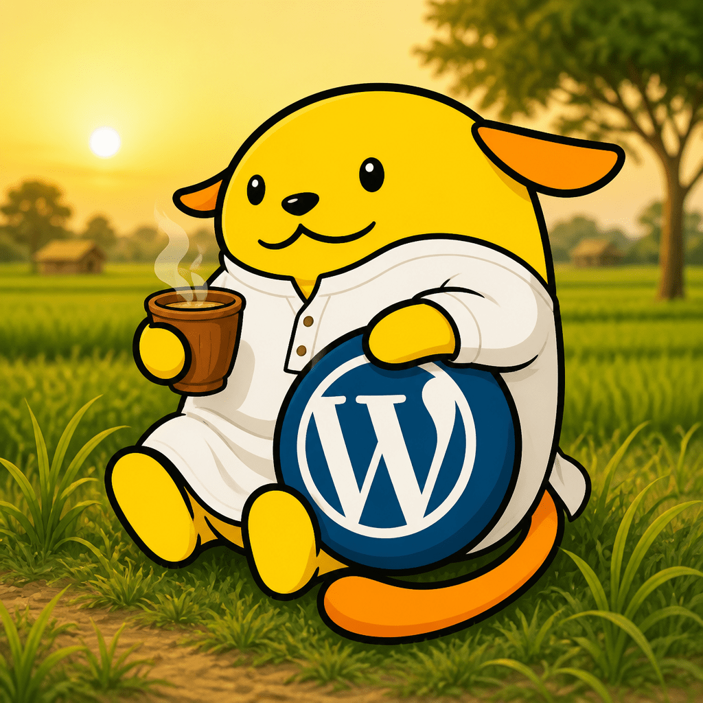 Wapuu: Wapuu in a white kurta, sitting in a green rural field, holding a steaming kulhad (clay tea cup). Golden hour, calm and cozy mood.