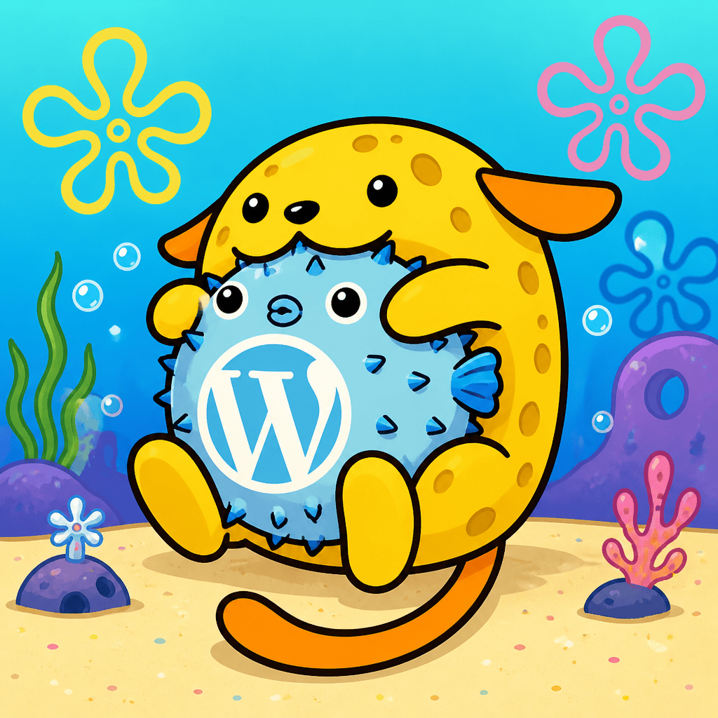 Wapuu: Wapuu in the style of a yellow sea sponge holding a light blue puffer fish with the W logo. Background is bikini bottom, no buildings, seascape, bright whimsical colors. Cartoon illustration style.