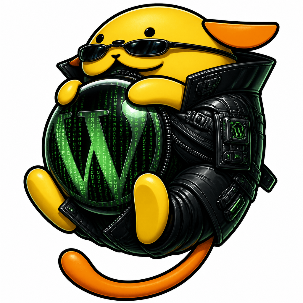 Wapuu: Wapuu in the style of the Matrix movie. Wearing a dark sci-fi punk outfit. Holding a shiny black W logo orb with green letters scrolling vertically. The style is cyberpunk, glossy, tech.