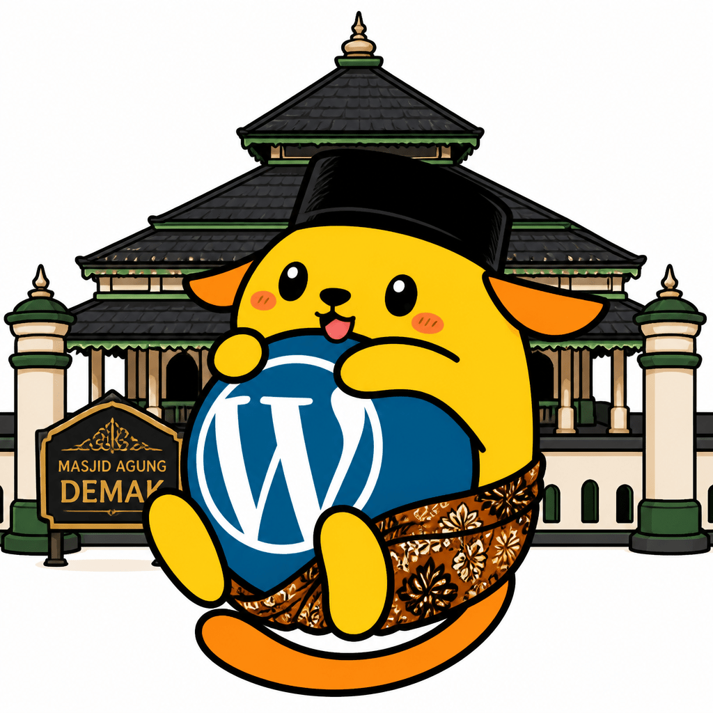 Wapuu: Wapuu khas Demak memakai sarung batik dan peci hitam dengan background Masjid Agung Demak, style kawaii vector, lucu, clean