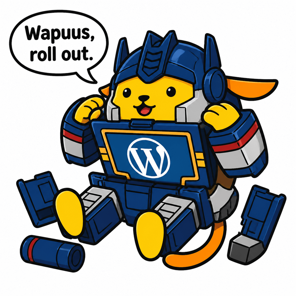 Wapuu: Wapuu looks like a transformer (specifically, Soundwave). He's sitting down in the middle of a transformation, saying, "Wapuus, roll out."