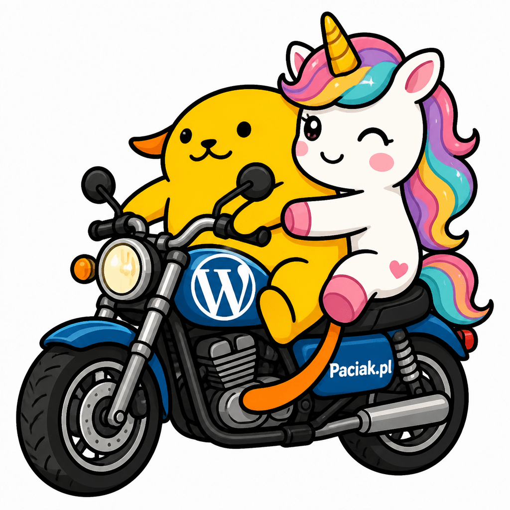 Wapuu: Wapuu Paciak.pl with unicorn and motorcycle