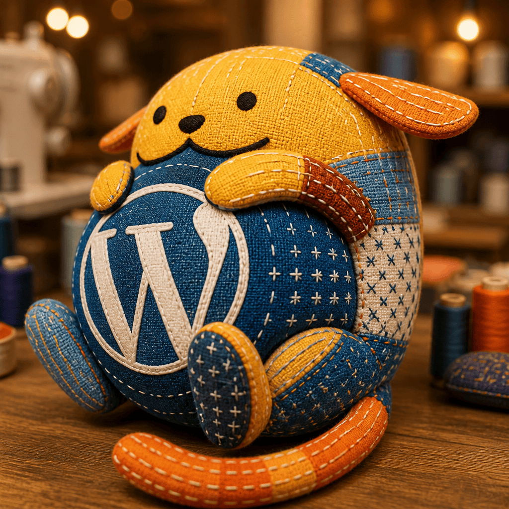 Wapuu: Wapuu patchwork plushie made of multi-color denim fabric remnants stitched with various Sashiko styles. Background is photo realistic sewing workshop. Bokeh lights with a focus on the plushie.