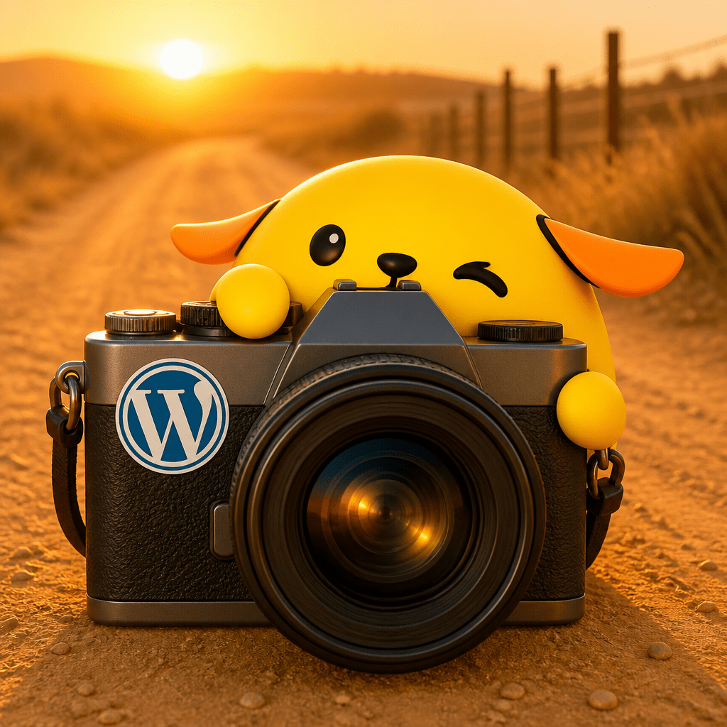 Wapuu: Wapuu peeking through a camera lens at golden hour, WordPress sticker on the camera, dusty rural road behind.