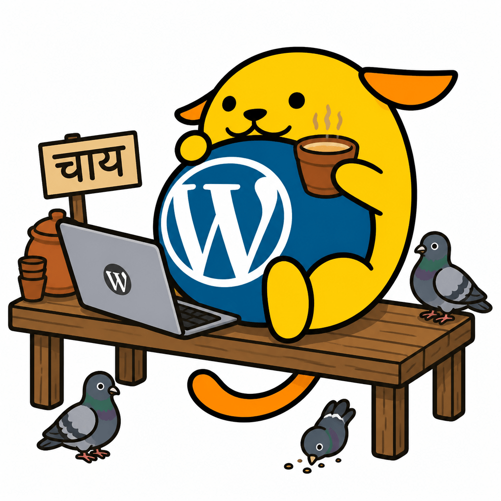 Wapuu: Wapuu sitting on a chai tapri bench, laptop half open, clay cup in hand, pigeons nearby. Unbothered and in flow.