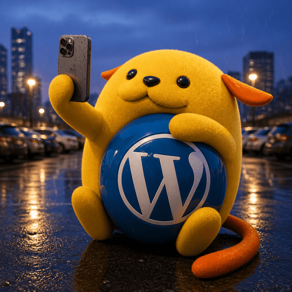 Wapuu: Wapuu taking a selfie with an iPhone while outdoors in a well lit parking lot. The style is photo realistic, and the background is a city parking lot at twilight hours, while raining.