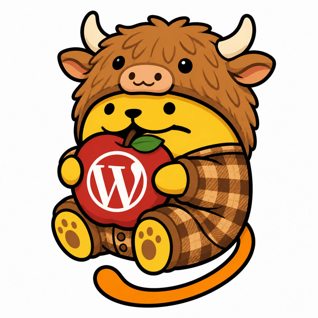 Wapuu: Wapuu wearing a Highland Cow pajama set. The pajama has a hat in the shape of a cute highland cow with small horns and lots of hair bangs. Holding a large apple for snacking with the WordPress logo.