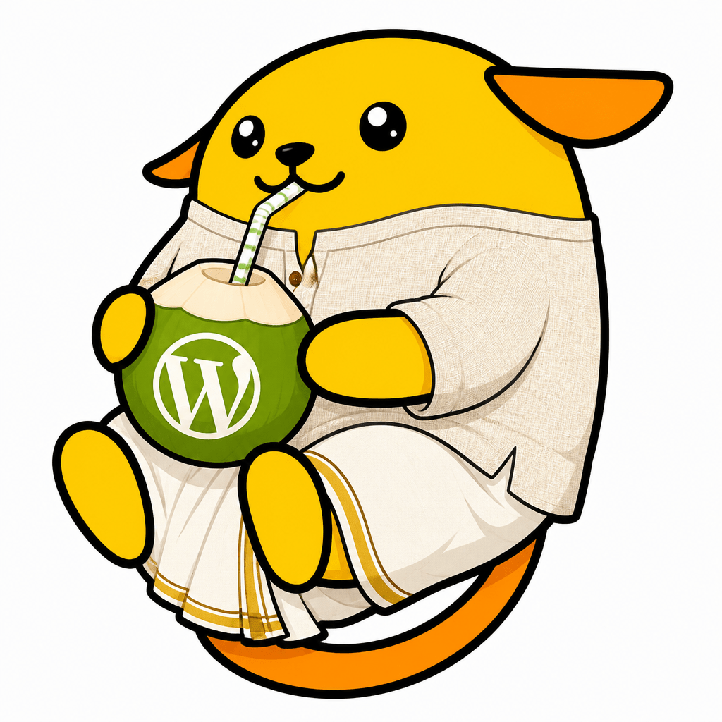 Wapuu: Wapuu wearing a linen kurta and a lungi in south Indian style. Sipping fresh coconut water with the WordPress logo on the coconut.