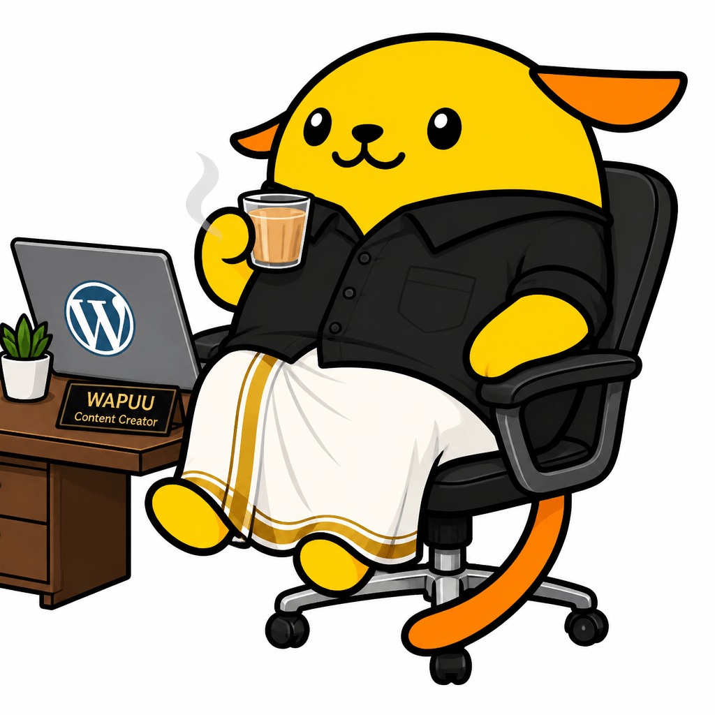 Wapuu: Wapuu wearing a traditional a golden border kerala mundu (dhoti) & a black shirt with a strong tea in hand, Sitting in a stylish office.