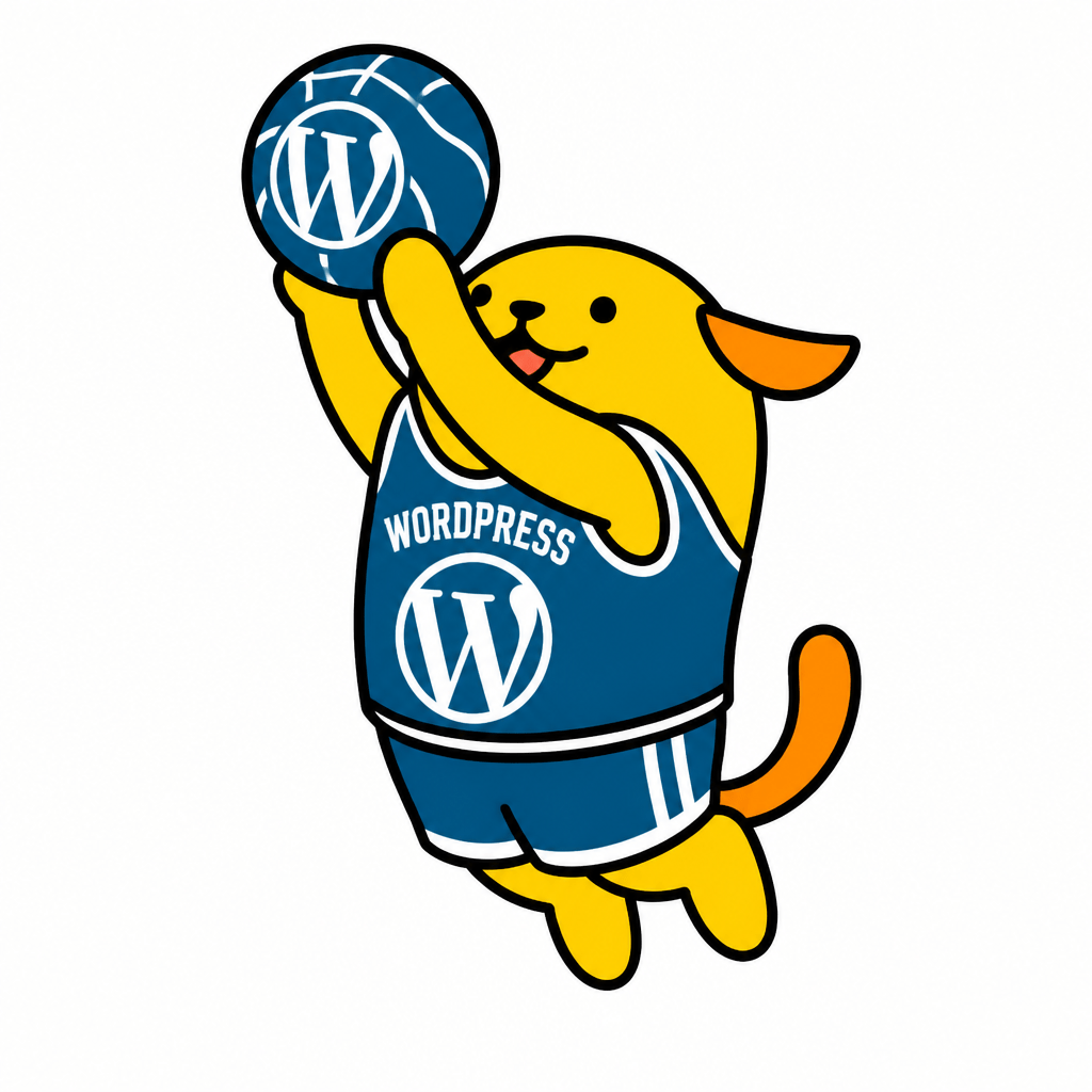 Wapuu: wapuu wearing a wordpress basketball jersey shooting a wordpress ball jump shot