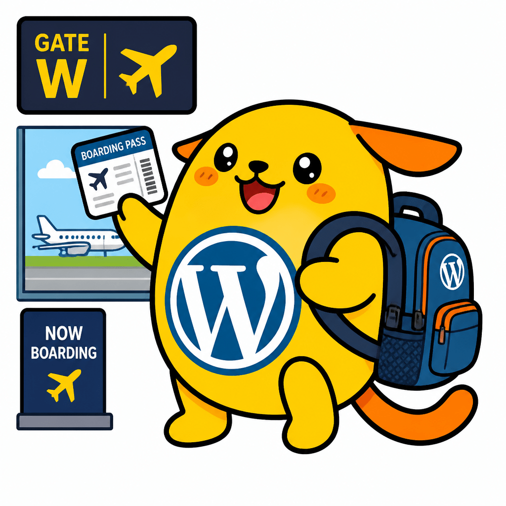 Wapuu: Wapuu with a backpack, WordPress badge, and a boarding pass, standing at an airport gate. Excited and ready. ✈️🧡
