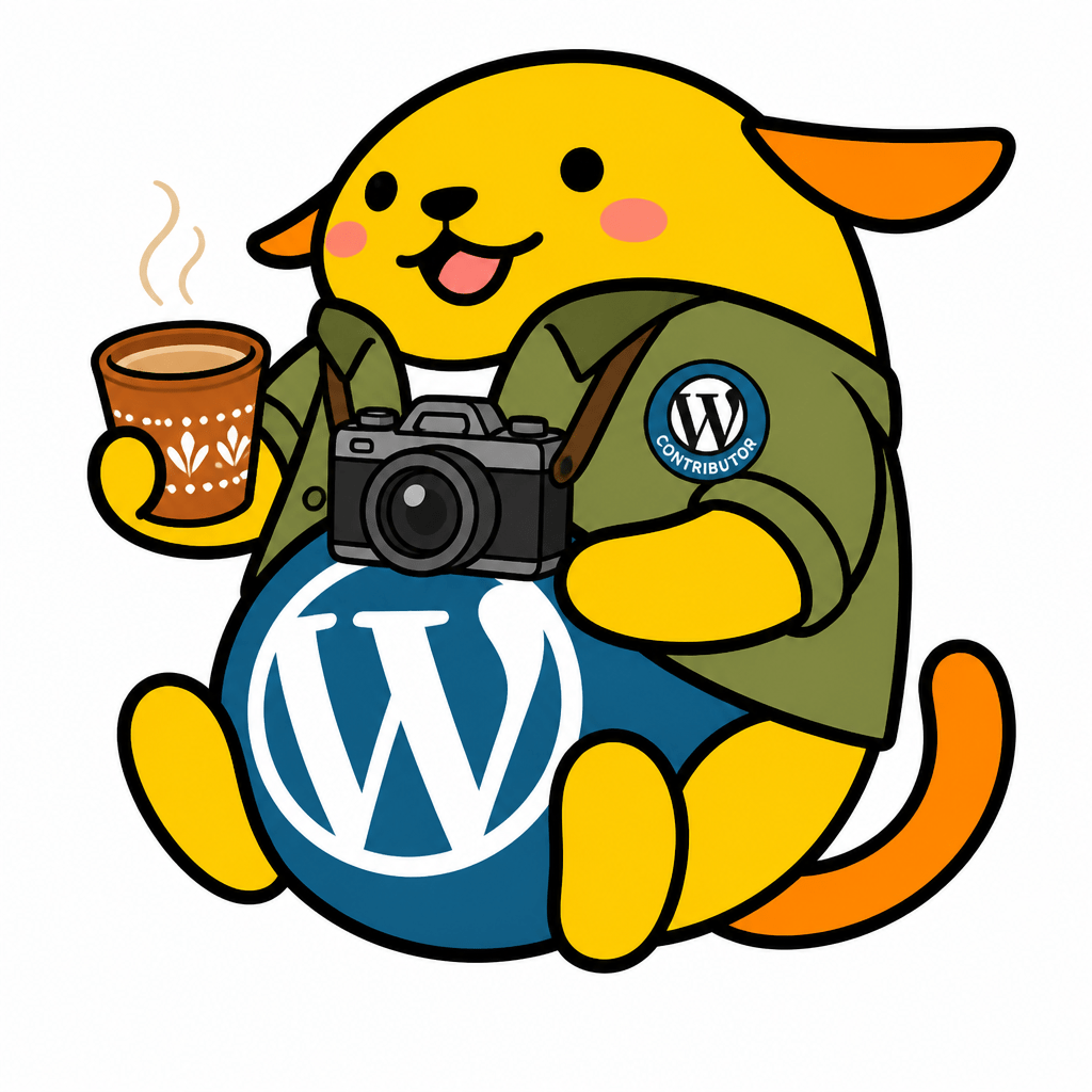 Wapuu: Wapuu with a camera around its neck, holding a chai cup, wearing a casual shirt. WordPress contributor badge, warm smile, explorer mood. 🌍☕