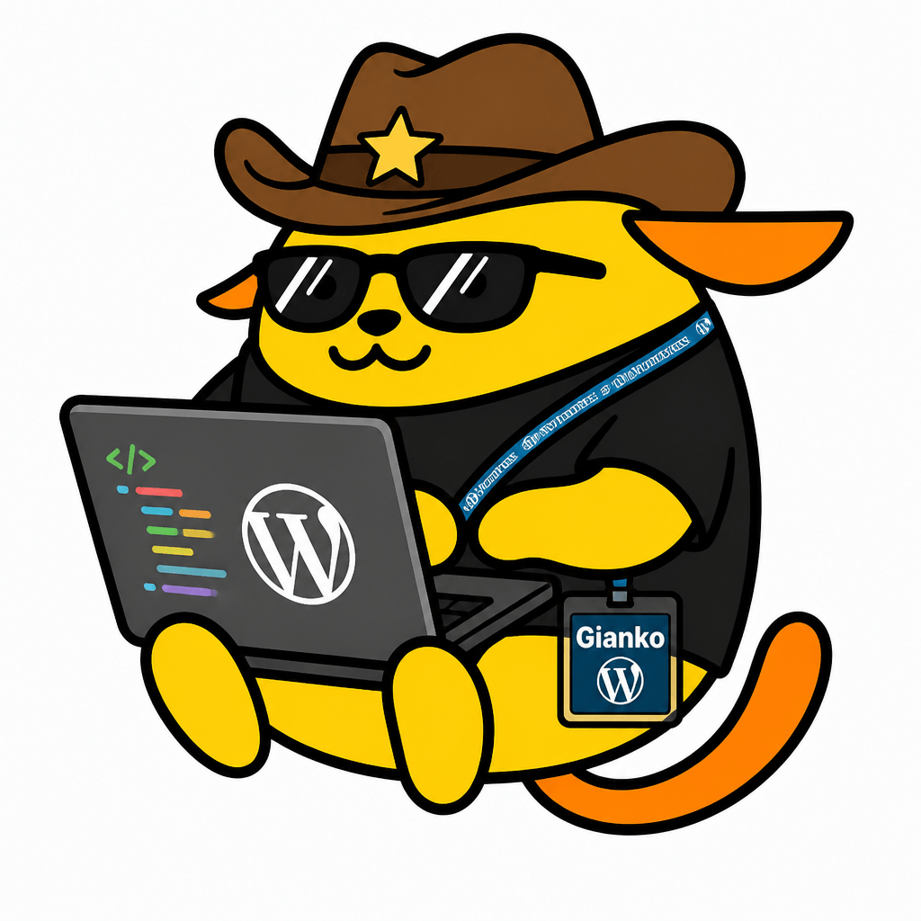 Wapuu: Yellow cowboy-dev holding laptop with code, wearing sunglasses, black tee, and 'Gianko' lanyard badge. 2D vector style.