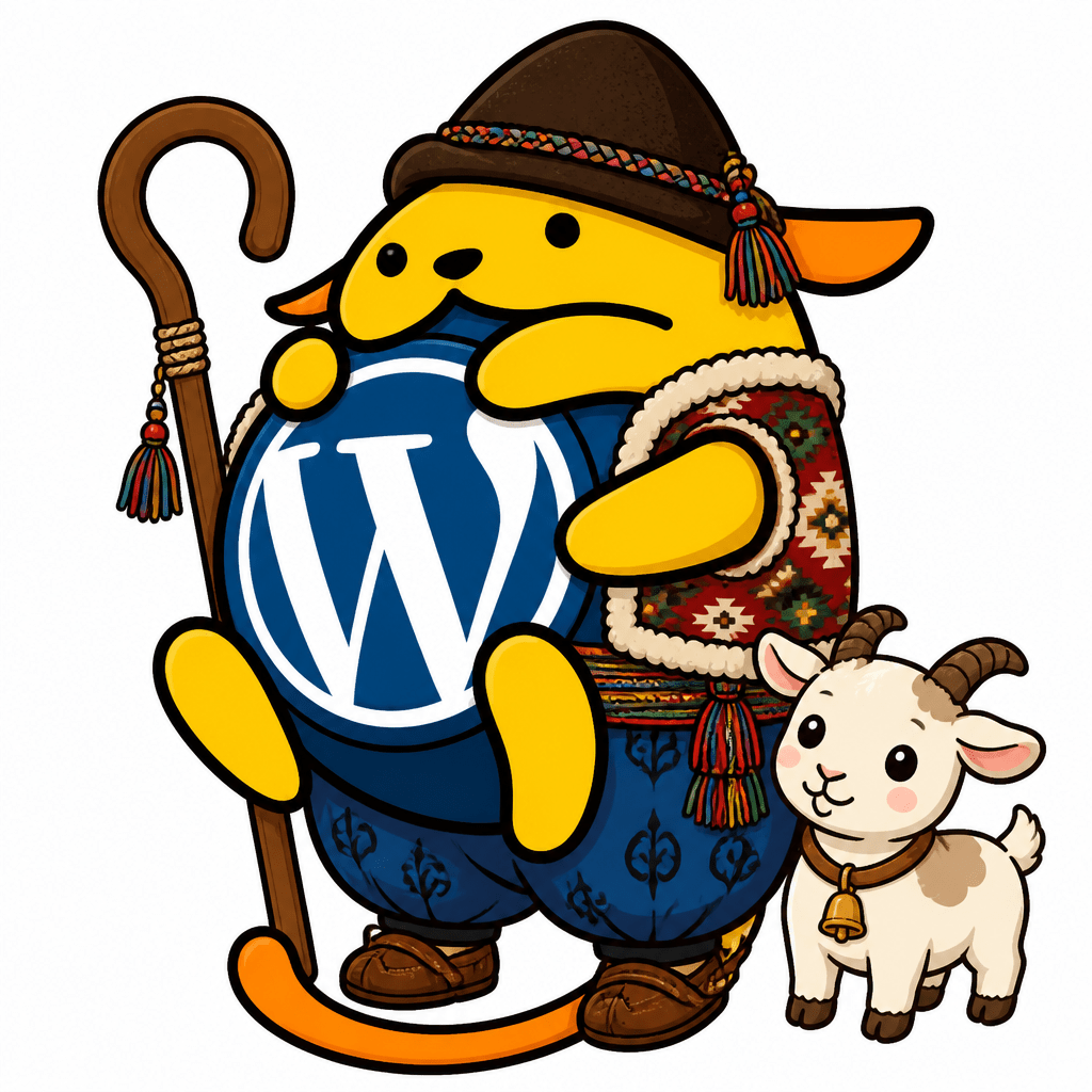 Wapuu: Yörük nomad Wapuu in colorful şalvar, wool vest with kilim patterns, felt hat, holding a shepherd's crook. A small goat beside him.